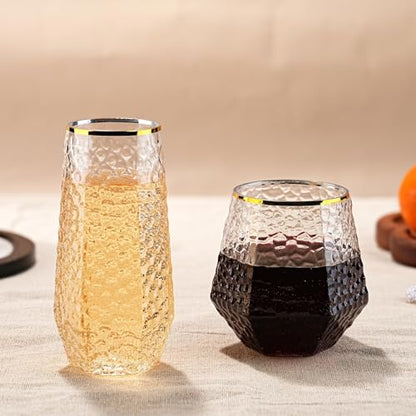 48 Pack Plastic Wine Glasses – 24 x 9oz Stemless Champagne Flutes & 24 x 12oz Disposable Wine Glasses – Plastic Cups with Gold Rim – BPA-Free Drinkware for Weddings, Parties (Gold Rim Hammered) - color: Gold Rim Spiral