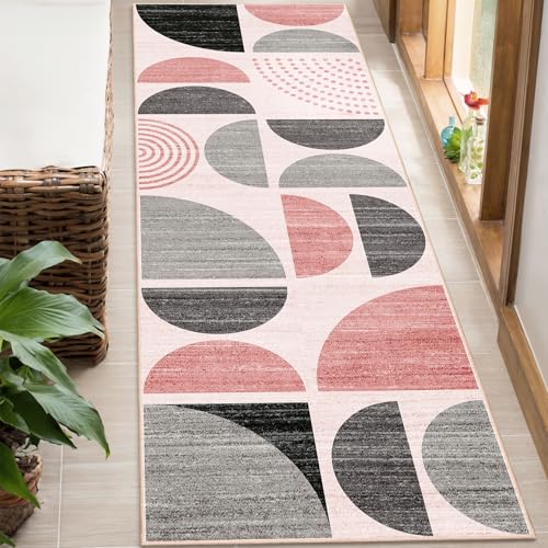 Pink Runner Rug Washable,Boho 2x6 Area Rugs Non Slip Modern Abstract | Long Throw Carpet for Hallways Kitchen Bathroom Bedroom Entryway Laundry Soft Low Pile Floor Indoor Bohemian Pink and Grey - color: Pink and Grey, size: 2' x 6' (Rectangular)