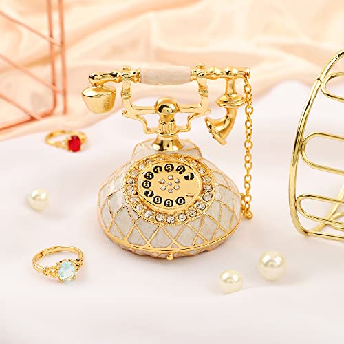 QIFU Hand Painted Small White Telephone Style Enameled Trinket Box Hinged, Unique Gift for Family - color: T3 White