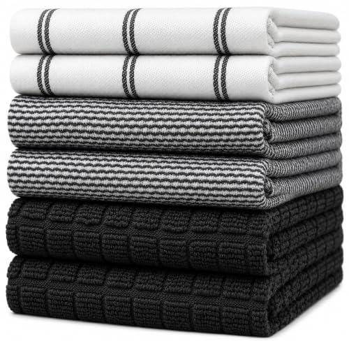 Premium Kitchen Towels 6 Pack 100% Cotton 20"x28" Dish Towels Black Check | Large Flat & Terry Kitchen Linen Set with Hanging Loops, Highly Absorbent for Washing and Drying Dishes - color: Black Check, size: Kitchen Towels - Mixed Styles