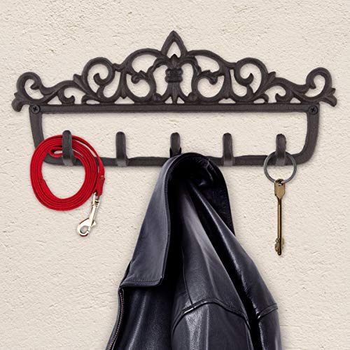 GASARÉ, Key Holder for Wall Mount, Cast Iron Key Hook, Victorian Design, Screws and Anchors, Large Size of 12½ x 5¼ Inches, Brown, 1 Unit