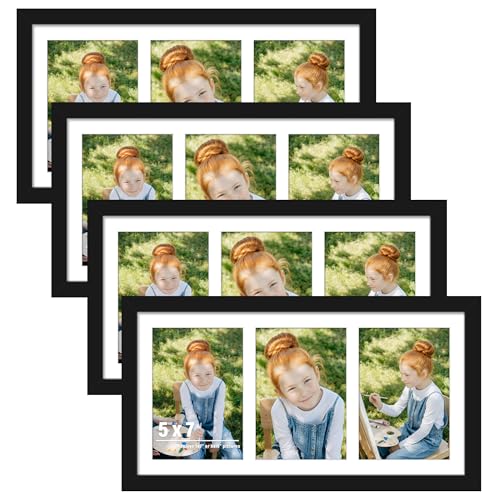 DUENPY 4 Pack 8x16 Collage Frame For 3 5x7 Photos Black | Dual-purpose Layout Holds Three 5x7 Photos Or One 8x16 Photo, Supports Horizontal & Vertical Wall Mounting - color: Black, size: 8x16（5x7 opening）-4 Pack