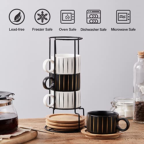 LUKA Porcelain Espresso Cup with Saucer and Metal Stand, 6 Ounce Stackable Ceramic Demitasse Espresso Mugs Cappuccino Cups Set for Latte,Coffee,Cafe Mocha,Tea(Set of 4) - color: Black & White Stripes