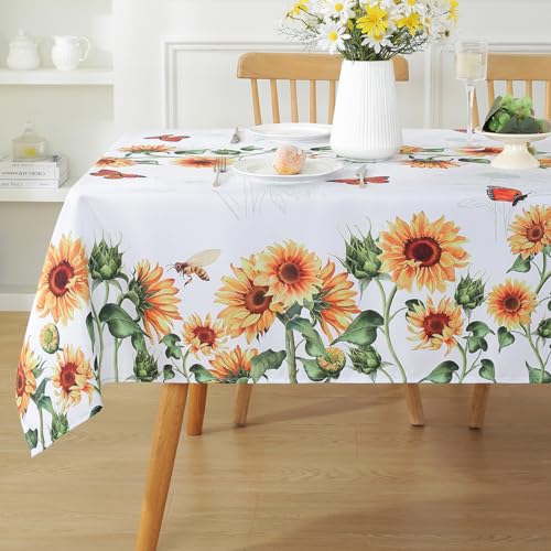 SASTYBALE Sunflower Tablecloth, White, 60x120 Inch Rectangle | Polyester, Spill-Proof, Dust-Proof, Wrinkle-Free, Spring Summer Garden Parties - color: Sunflowers, size: 120" x 60" (Rectangular)