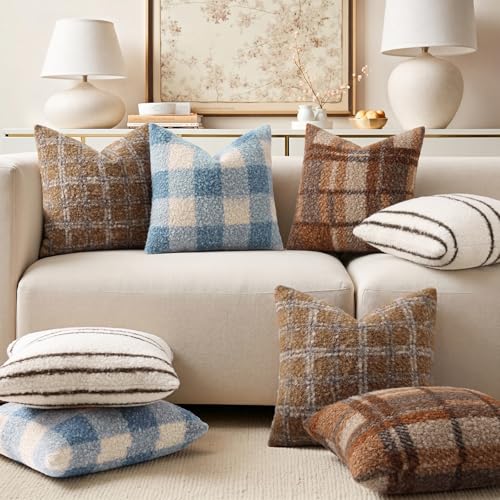 decorUhome Chenille Soft Throw Pillow Covers 20X20 Set of 2, Forest Green,Boucle Plaid Check Faux Fur Throw Pillow Covers 20x20 Inch Set of 2, Autumnal