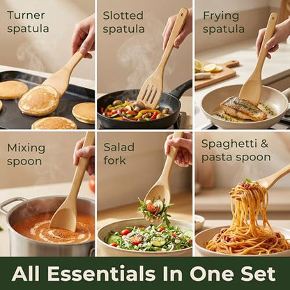 Wooden Spoons for Cooking, 6 Pcs Bamboo Utensil Set – Nonstick Safe | Heat-Resistant, Easy to Clean & Sturdy – Smooth Finish with Comfortable Handles, Food-Safe - size: 6 Pieces