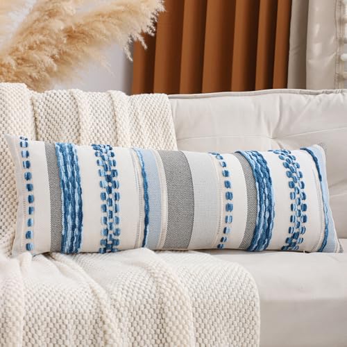 Boho Lumbar Throw Pillow Cover 14x36 Sky Blue | 1 Piece,Durable Fabric,Stripe Pillow Cover,Farmhouse Cushion Case,Chenille Pillow Case,Neutral Pillowcase for Sofa Couch Bed - color: Sky Blue Stripe, size: 36" x 14" (Pack of 1)