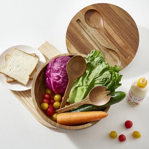 JOYMAY Salad Bowls Wood Salad Bowl Set with Lid Acacia Wood Serving Bowl for Fruits or Salads 10.5" Large Serving Bowl with Serving Utensils, 4 Piece Wooden Mixing Bowl Set for Kitchen, Picnic - color: 10.5in wood salad bowl
