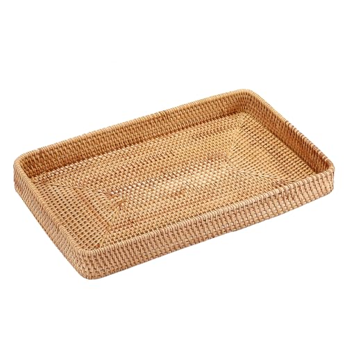 Hipiwe X-Large Rattan Serving Tray Wicker Storage Basket Tray, 14.8"x 9" | Rectangular Decorative Woven Trays for Organizing, Snacks Fruit Wicker Basket for Coffee Table Bathroom Home Decor - color: Natural Color, size: 14.8" x 9" x 1.8"