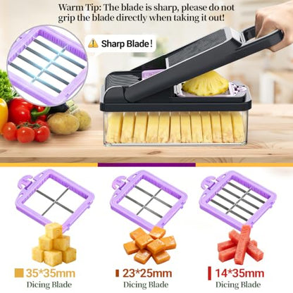 15-in-1 Vegetable Chopper 10 Blades, Veggie Cutter with Handle, Black/Purple | Stainless Steel Blades, Food Container and Lid, Dicer, Slicer, Julienne, Egg Separator, Non-slip Base, Include Cleaning Tools - color: Purple, size: 10 blades