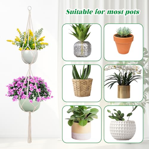 SNAIL GARDEN 2 Tier Macrame Plant Hanger, 2Pack Double Plant Hangers with Tassel Indoor Outdoor Hanging Planter Basket Handmade Cotton Rope Hanging Planters Set with 2Pcs Hooks for Boho Home Decor