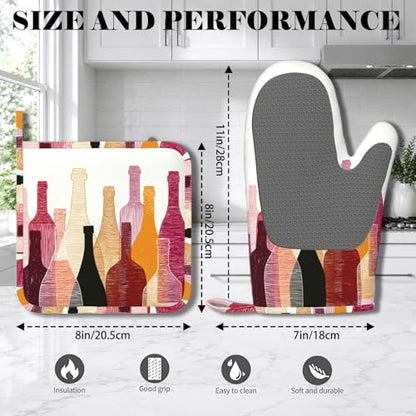 Red Wine Bottle Oven Mitts and Pot Holders Sets Non-Slip Silicone Surface for BBQ Gloves,Kitchen,Cooking,Baking,Grilling - color: Red Wine Bottle