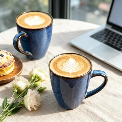MONITO 17 OZ Coffee Mugs Set of 6, Large Ceramic Blue Coffee Mugs Set with handle for Tea/Latte/Milk/Cocoa, Funny Tea Cups for Office and Home, Engagement Gifts. (Starry Blue) | Mugs with Gold Rim for Latte,Tea&Cocoa,Dishwasher&Microwave Safe,Reactive Gla