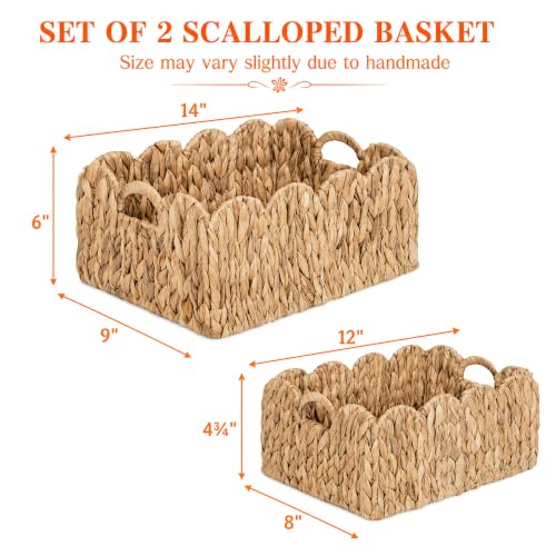 LUSYDECO Set of 2 Scalloped Edge Wicker Storage Basket with Built-in Handles, Rectangle Water Hyacinth Basket for Organizing, Decorative Woven Rattan Basket for Shelf, Nursery Room
