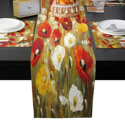 Table Runner and Placemats Set of 6 White Red Flower Leaf Decorative Dining Table Runner with Matching Placemats Plant Oil Painting Table Decor for Kitchen Dining Room and Everyday Use 13x70in - size: 13"x70"+6pcs