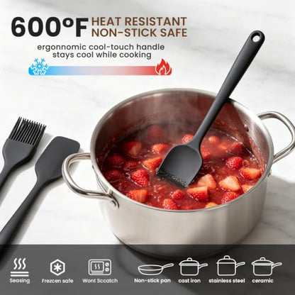 Silicone Spatula Set,9-Piece BPA Free Food Grade Heat Resistant Spatulas for Cooking Baking,Seamless One Piece Design,Non-Stick Safe,Dishwasher Safe,Withstands -104°F to 600°F（Black） - color: Black