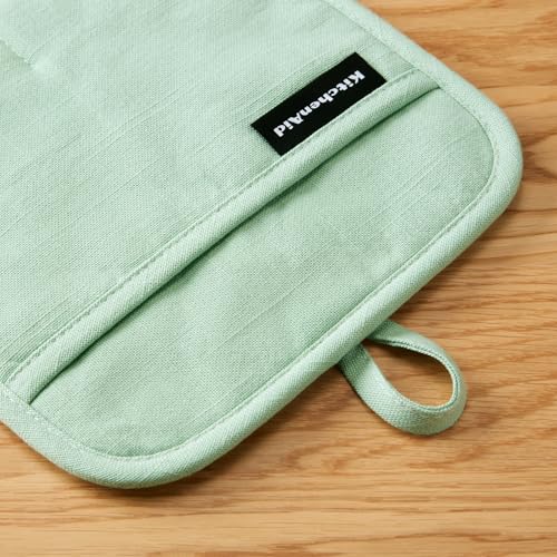 KITCHENAID Gourmet Series Gridlines Pot Holders 2-Pack Set, Heat Resistant up to 600°F, Soft Silicone Grip, Magnetic Cuff, Pistachio Green, 8"x8" - color: Pistachio Green