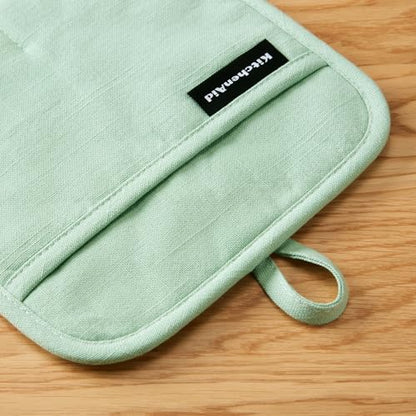 KITCHENAID Gourmet Series Gridlines Pot Holders 2-Pack Set, Heat Resistant up to 600°F, Soft Silicone Grip, Magnetic Cuff, Pistachio Green, 8"x8" - color: Pistachio Green