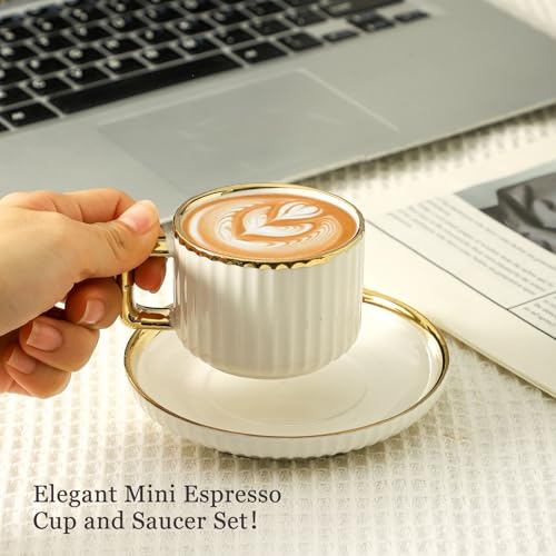 LETAOTAO Espresso Cups Set of 4, 3oz Espresso Cups and Saucers | Ceramic Coffee Cups with Gold Trim, Stackable Mini Demitasse Mugs for Espresso, Cappuccino,Latte, Americano and Tea - size: 3 Ounces
