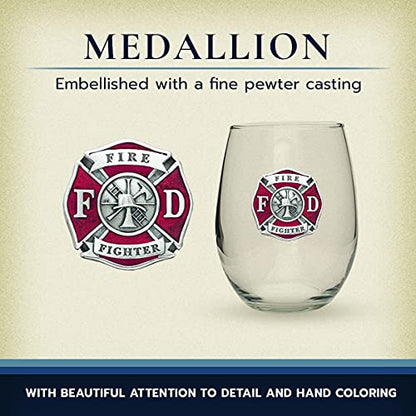 Heritage Pewter Firefighter Stemless Glass Goblets – Set of 2 | 15 OZ Goblet Wine Glasses | Expertly Crafted Pewter Glass - style: FIREFIGHTER RED