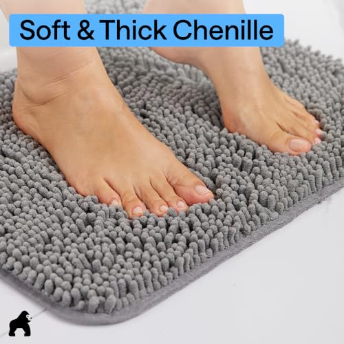 GORILLA GRIP Area Rug Sets 3 Piece, Bath Mat Set and Oval Toilet Base with Rubber Backing, Plush Absorbent Shaggy Chenille Washable Mats, Includes 24x19.5, 24x17 and 30x20 Inch Rugs, Grey - color: Grey, style: 24"x19.5" + 24"x17" + 30"x20" - 3 Pack