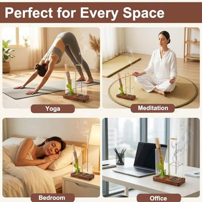 2 in 1 Upside Down Incense Holder Wooden Glass Burner Ash Catcher & Storage | Ash-proof upside-down 2-in-1 incense holder with glass catcher, wood base, storage, free brush, for yoga meditation spa decor