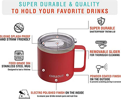 CHILLOUT LIFE Stainless Steel 16 oz Vacuum Insulated Coffee Mug with Handle and Lid, Large Thermal Camping Coffee Mugs with Sliding Lid for Men & Women, Keeps your Beverages Hot/Cold, 2 Pack - color: Cherry Red, size: 16 Ounces - 2 Pack