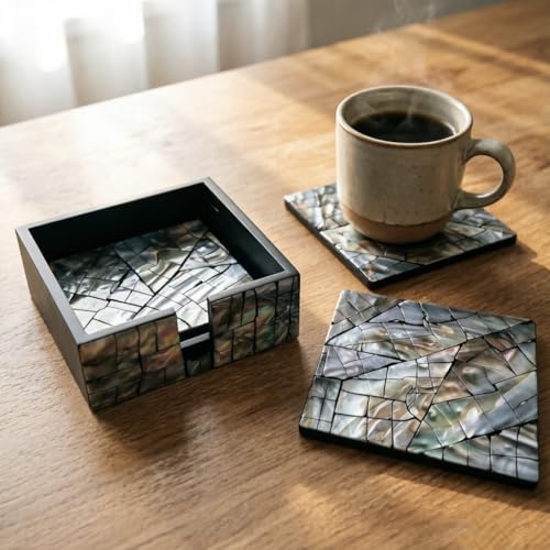 i-lan Mother of Pearl Coasters Set of 6 with Holder - 4.7" Square Drink Coasters for Kitchen, Dining Room, Coffee Table - Black Mosaik Pattern, Shell Inlay Cup Mats - color: Black Mosaik