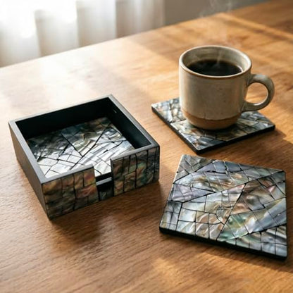 i-lan Mother of Pearl Coasters Set of 6 with Holder - 4.7" Square Drink Coasters for Kitchen, Dining Room, Coffee Table - Black Mosaik Pattern, Shell Inlay Cup Mats - color: Black Mosaik