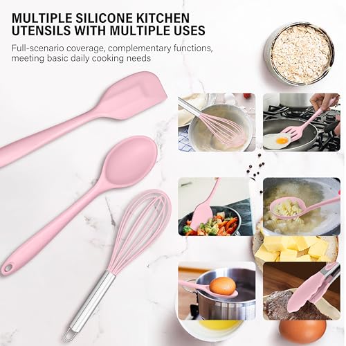 HaWare 11 PCS Silicone Cooking Utensils Set, Heat Resistant Kitchen Utensils with Holder, Food-grade Spatula Sets for Nonstick Cookware, Kitchen Tools Gadgets Include Fish Turner, Spoon (Pink) - color: Pink