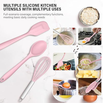 HaWare 11 PCS Silicone Cooking Utensils Set, Heat Resistant Kitchen Utensils with Holder, Food-grade Spatula Sets for Nonstick Cookware, Kitchen Tools Gadgets Include Fish Turner, Spoon (Pink) - color: Pink