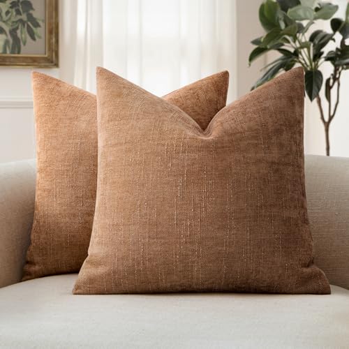 MIULEE Textured Chenille Throw Pillow Covers 18x18 Inch Brown | Pack of 2 Decorative Soft Throw Pillows, Solid Textured Cushion Covers, Modern Home Decor for Couch Sofa Bedroom Living Room - color: Bronze, size: 18" x 18" (Pack of 2)