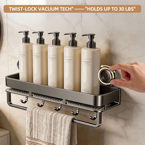 Suction Cup Shower Caddy,No Drilling, Rectangular, Grey,1-Pack | Shelf for Inside Shower, Heavy Duty Carbon Steel, Towel Bar & Hooks, Rust-Resistant, Bathroom Organizer Storage Rack - color: Grey,1-Pack