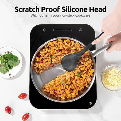 U-Taste 600ºF Silicone Spoon Set 13.3in Solid Slotted 2PCS & Spatula Set Heat Resistant & 600ºF Tongs Set 9 12inch Nonstick Stainless Handle(Black)