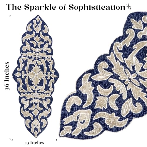 Beaded Table Runner, Blue Silver, 36x13 | Glass beads on polyester satin backing, 36x13 in, non-slip, weddings, holidays, dining & console tables - color: Navy/Silver, size: 36"x13"