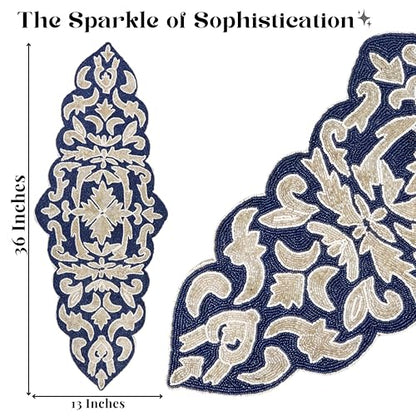 Beaded Table Runner, Blue Silver, 36x13 | Glass beads on polyester satin backing, 36x13 in, non-slip, weddings, holidays, dining & console tables - color: Navy/Silver, size: 36"x13"