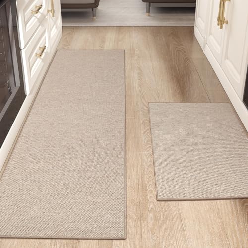 Color&Geometry Kitchen Rugs 2PCS-17x29+17x59 Non-Slip Rubber Backed, Greige | 0.15in Kitchen Mat Fit Under Door, Absorbent, Washble Mat For Small Kitchen/Apartment, For Light Cooking/Low Traffic Homes - color: Light Tone-greige, size: 17"x29"+17"x59"
