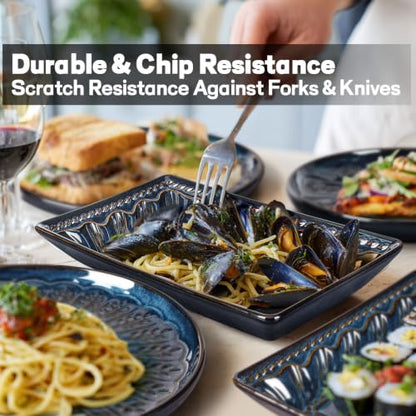 Salad Plates Set of 4, 9.85" Embossed Ceramic Rectangular Appetizer Plates, Deep Lipped Edges, Microwave & Dishwasher Safe, Dessert Sushi Pasta Serving Plates (Blue, Willow Leaf) - color: Blue (Willow Leaf), size: 9.85 inch