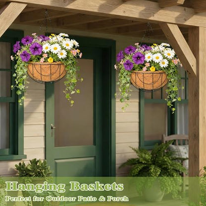 4 Pack 14 Inch Hanging Baskets for Plants Outdoor Metal Hanging Planter Hanging Flower Baskets with Coco Fiber Liners Chain Round Wire Plant Holder Hanging Flower Pots - size: 14 Inch, style: Flower Border