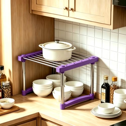 BLULEE Expandable Cabinet Organizer, Adjustable Storage Shelf Purple | Multi-Purpose Plastic & Metallic Steel Storage Rack for Kitchen, Living Room, and Dorm Organization（1 Pack ） - color: Purple, size: 1Pack