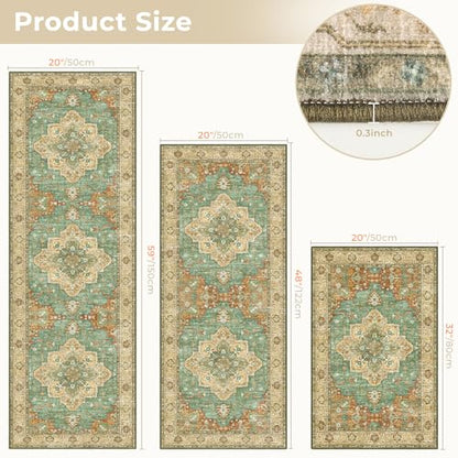 3 Piece Kitchen Rugs Sets with Runner, Washable Non Slip Soft Boho Kitchen Mats, Low Pile Stain Resistant Carpet for Hallway, Laundry Room, Entryway(20"x32"+20"x48"+20"x59", Brick Brown Green) - color: Brick Brown Green