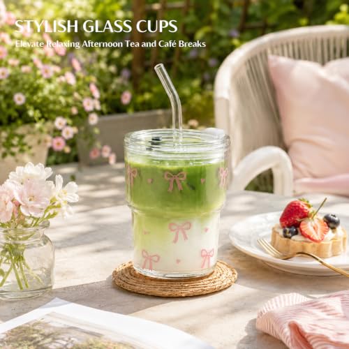 INSETLAN 13 oz Bow Decal Glass Tumblers Set of 2, Thick Wall Glass Cups with Lid and Glass Straw, On-the-Go Coffee Cups for Iced Coffee, Tea, Milk, Hot & Cold Drinks, Travel & Daily Use - color: 13 oz - 2 Pcs - With Bow Decal