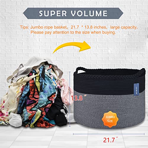 COMSE XXXLarge Woven Blanket & Laundry Basket, 87L, Black & Gray | 21.7" x 13.8", Cotton Rope, Nursery Hamper for Storage of Toys Clothes Towels, Ideal for Living Room Bedroom Bathroom - color: Black & Gray