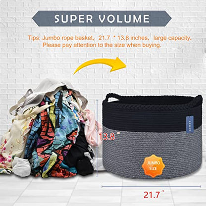 COMSE XXXLarge Woven Blanket & Laundry Basket, 87L, Black & Gray | 21.7" x 13.8", Cotton Rope, Nursery Hamper for Storage of Toys Clothes Towels, Ideal for Living Room Bedroom Bathroom - color: Black & Gray