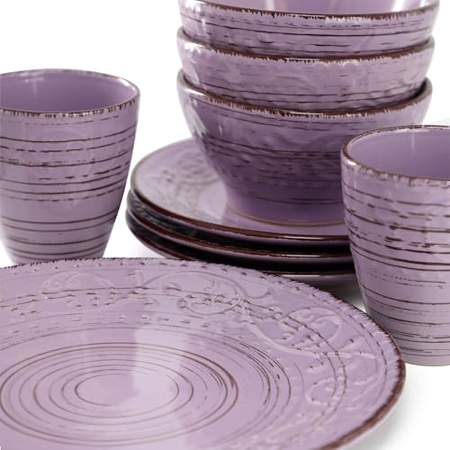 Elama Malibu Mica 16-Piece Stoneware Embossed Pattern Reactive Glaze Purple Dinnerware Set, Tableware, Serveware Set (Mica Purple) - color: Mica Purple