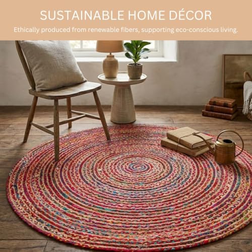 WeWove Hand Woven Area Rug 6 Feet Round - Jute Cotton Area Rug Rustic Farmhouse Boho Accent Rug for Living Room Bedroom Kitchen Dorm Entryway Hallway - Handcrafted Floor Rug - size: 6' (Round)