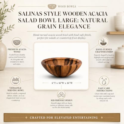 Arthur Court Acacia Wood Salad Bowl - Modern Wavy Design for Fruits and Salads - 6" Tall, 16" Diameter - size: Salinas