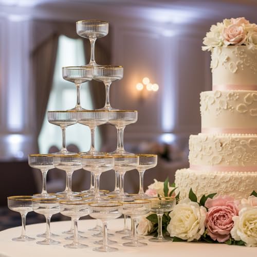 Set of 55 Champagne Tower 7 oz Plastic Champagne Coupe Glasses Set Stackable Plastic Ribbed Martini Glasses Unbreakable Acrylic Cocktail Coupe Cups for Wedding Birthday (Glitter,Gold) - color: Gold, size: Glitter