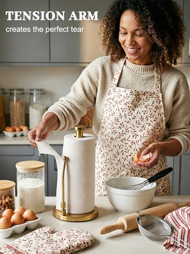 SMARTAKE Paper Towel Holder Countertop, Non-Slip Weighted Base, Gold | Freestanding Kitchen Roll Dispenser, Rustproof Stainless Steel, Spring Arm for Easy Tear, Widden Top, with 4 Suction Cups - color: 03-gold