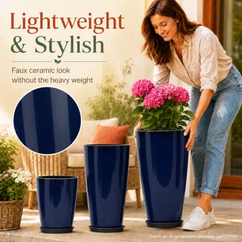Neoaider Set of 3 Tall Planter, 24/21/12in Large Plastic Planter, Blue | Ceramic-Look, Lightweight, Built-in Drain Hole, Saucers, Tall Outdoor Planter for Porch, Garden, Patio, Balcony - color: Blue